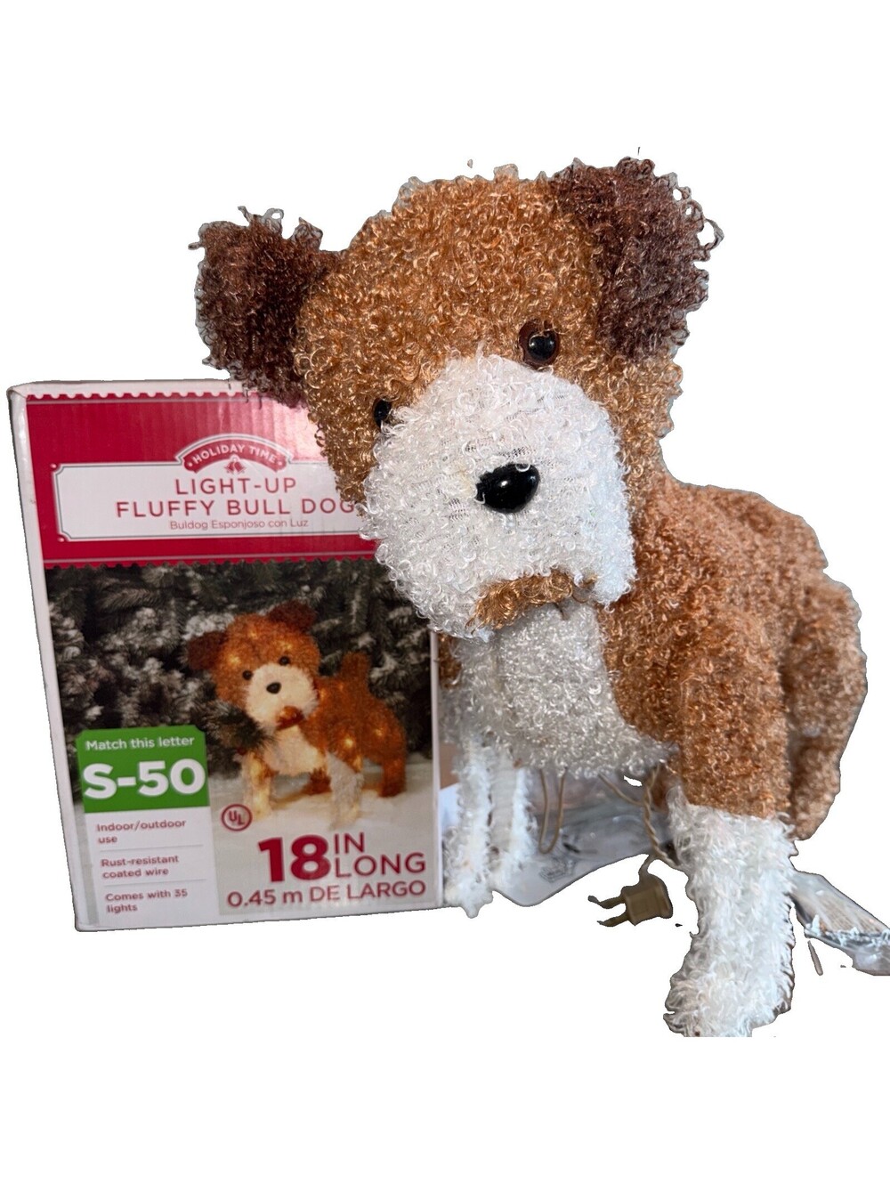 Light Up Fluffy Bull Dog Christmas Lights Outdoor French Holiday Time 18" Indoor